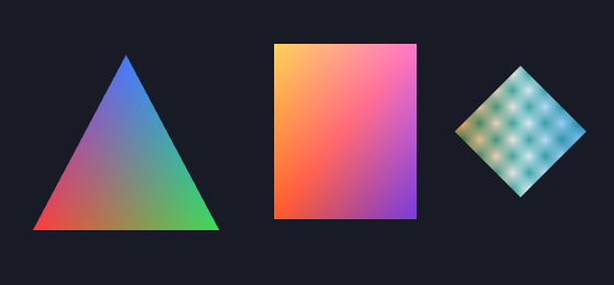 a gradient triangle, a gradient quad and a textured mesh