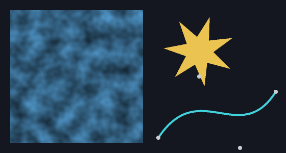 a Perlin noise field, a concave star and a Bezier curve