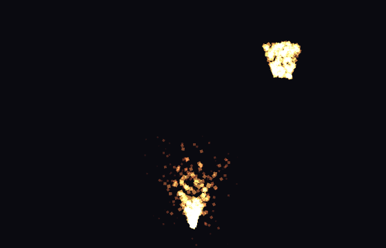 a particle fountain and a burst, drawn with additive blending