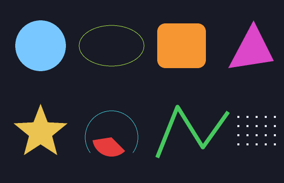 circle, ellipse, rounded rectangle, triangle, star, arc, pie, line and points